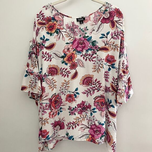 a.n.a Short Sleeve Ruffled V Neck Floral Top Size XL - Picture 2 of 7